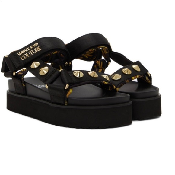 VERSACE GOLD STUDDED SANDALS , BLACK & BAROQUE PRINT WITH CHUCKY SOLES - Picture 8 of 16
